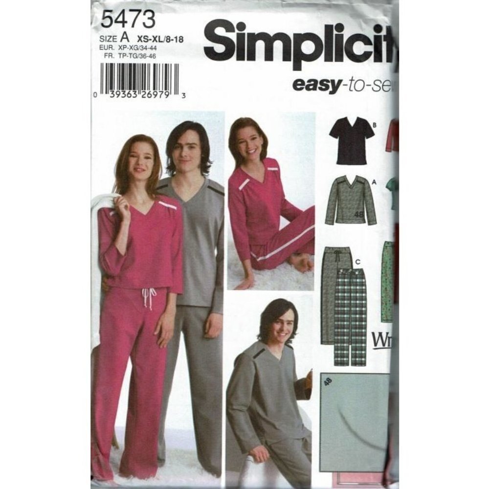 Simplicity Sewing Pattern 5473 Sportswear Pajamas Top Pants Blanket Adult XS-XL